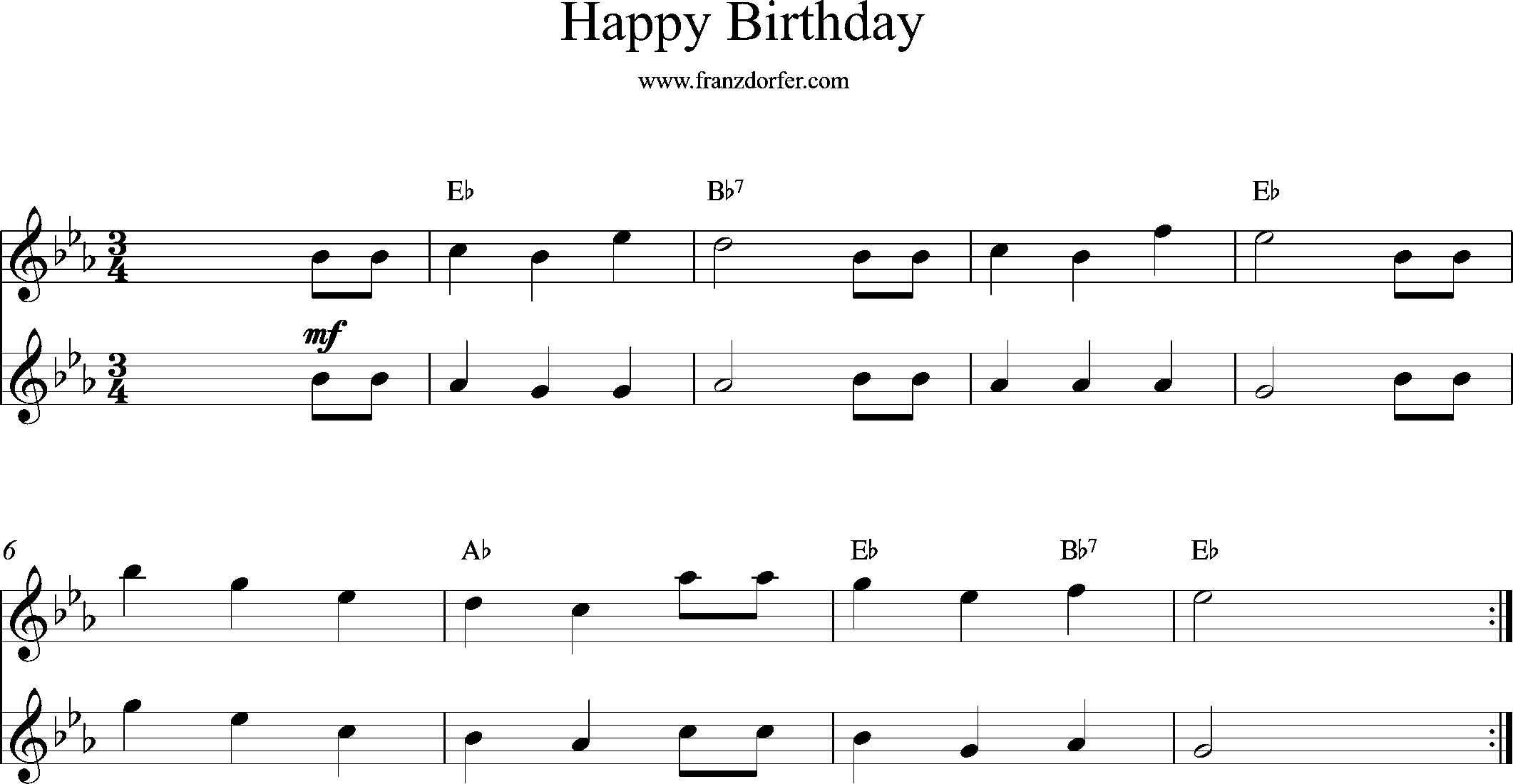 Querflöte, Noten, Happy Birthday, Es-Dur